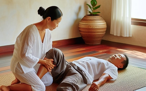 Thai yoga massage on a mat