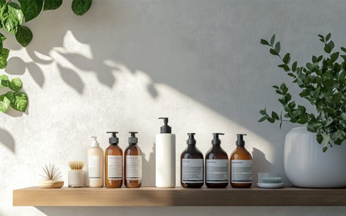 different shampoo and conditioner bottles on a bathroom shelf