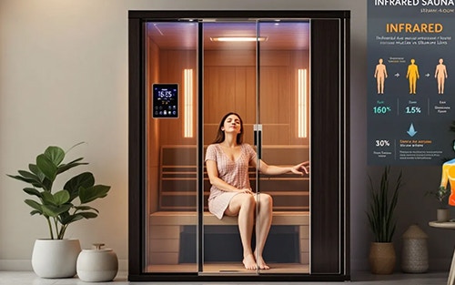 modern infrared sauna with a person relaxing inside